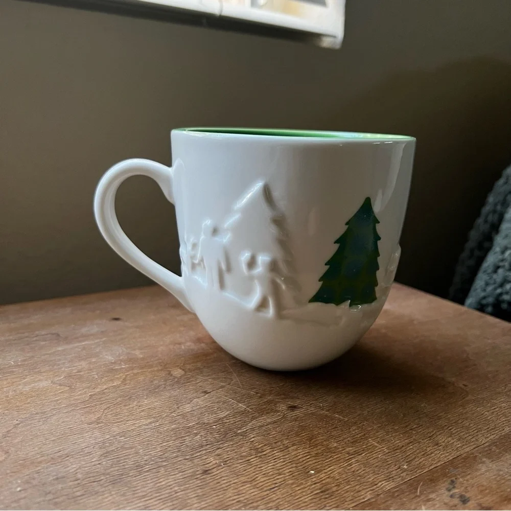 2006 Starbucks Christmas Holiday Coffee Mug 16oz in White Green Winter Trees
